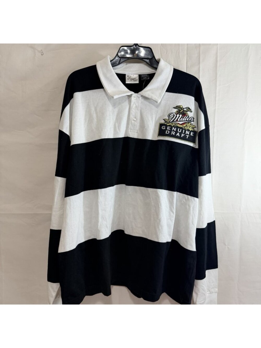 Miller Genuine Draft Black and White Striped Long Sleeve Rugby Polo Shirt Large